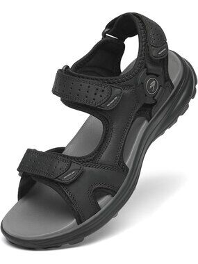 Men's Black Leather Athletic Sandals Sport Outdoor Hiking Sandals Open Toe